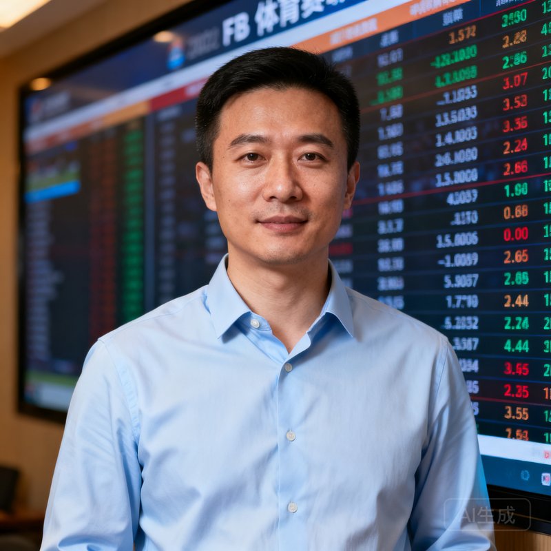 FB体育创始人兼CEO林远舟的半身照，他身穿浅蓝色衬衫，站在赛事数据大屏前，神情专注而自信